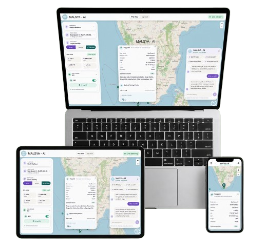 Malsya AI app open on a phone, showing the fishing-zone map